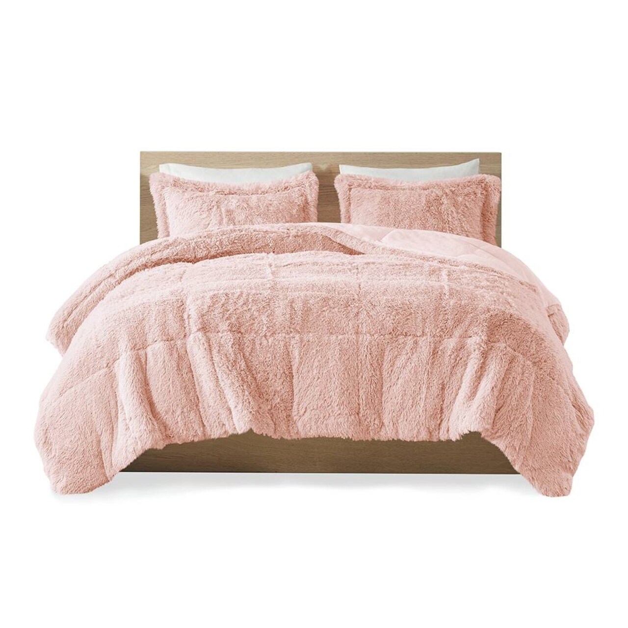 Pink Blush Shaggy Faux Fur Comforter Set Soft Plush Reversible Bedding with Down Alternative Fill